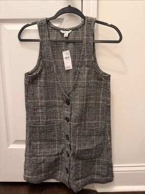 American Eagle Sleeveless Plaid Button-Front Dress - Gray